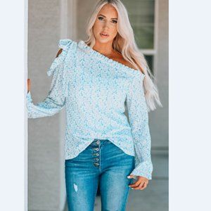 Floral Frill Trim Cold-Shoulder Top